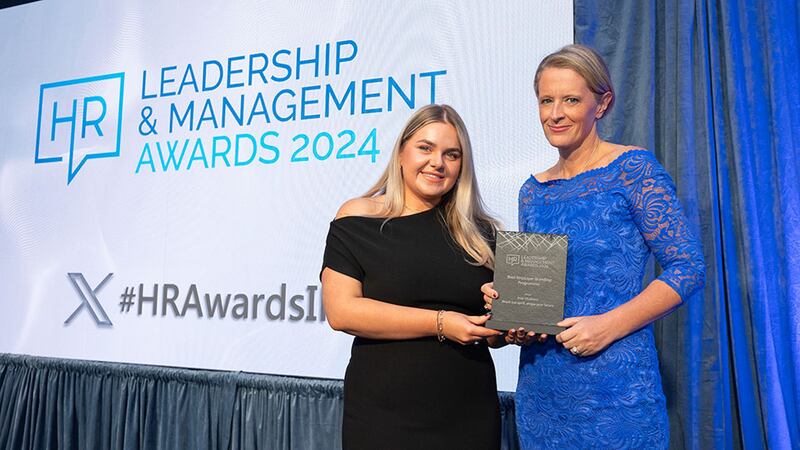 Lily Rowntree, entries lead, presents the best employer branding programme award to Mairead Griffin, Irish Distillers