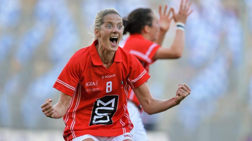 Cork’s Juliet Murphy, Cork celebrates her side’s victory over Monaghan in the All-Ireland Ladies senior football final. Photograph: Inpho