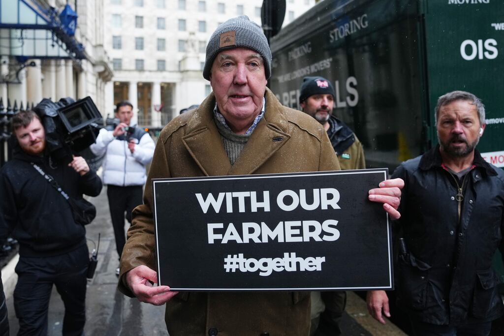 TV presenter and celebrity farmer Jeremy Clarkson joins demonstrators at a farmers' rally in London on Tuesday. Photograph: Carl Court/Getty Images