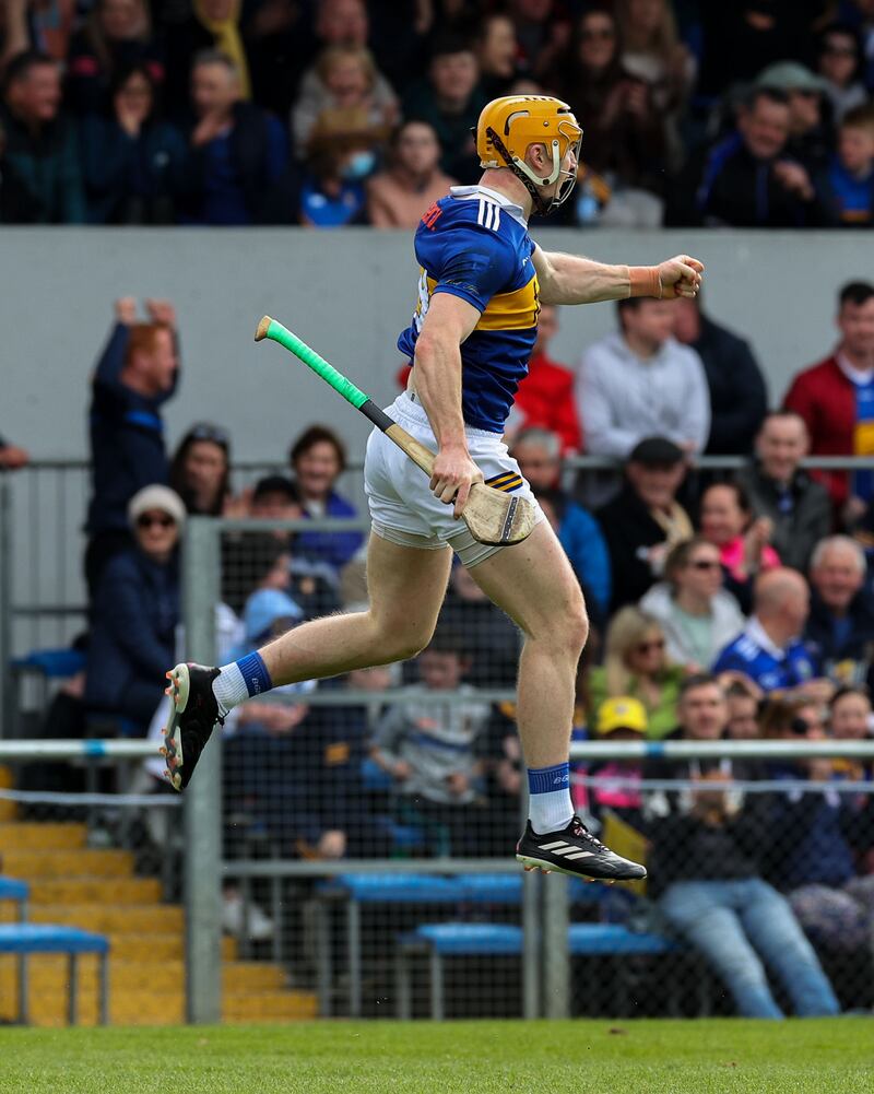 Jake Morris celebrates the first of his two goals against Clare in Ennis. He has experienced underage success with Cahill and Bevans and has described them as 'father figures'. Photograph: Lorraine O'Sullivan/Inpho