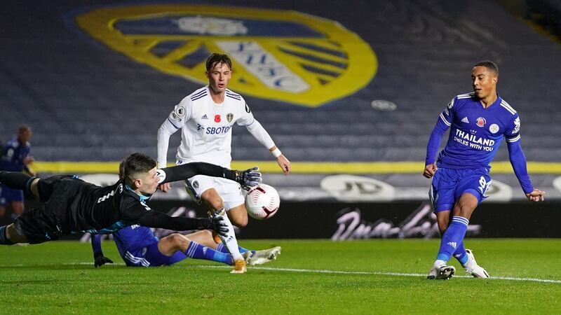 Leicester City’s Youri Tielemans scores his side’s second goal during the Premier League match against Leeds United at Elland Road. Photograph: Jon Super/AFP via Getty Images