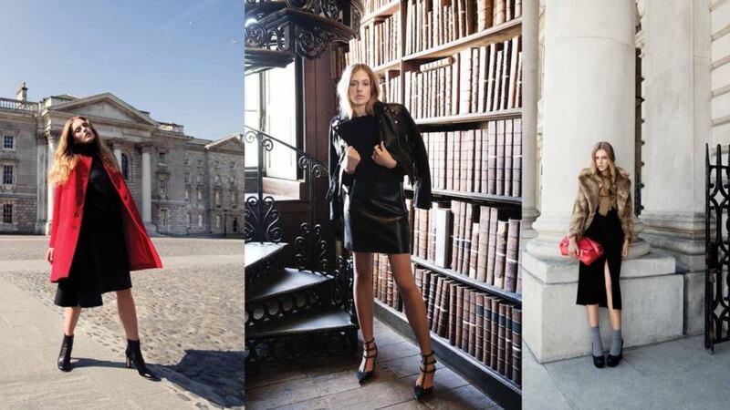 Left: Round-neck wool coat, €780, Kenzo; Cashmere polo, €1090, by Saint Laurent Paris, navy asymmetrical wool skirt €650, Prada; leather ankle boots, €875 Celine Middle: Leathe rand wool jacket, €795, McQ; chiffon blouse, €1,380, and leather zip detail skirt €1,590, both Saint Lurent Paris; ponyskin and leather-studded courts, €820, by Valention. Right: faux fur jacket, €720, Dries Van Noten; silk blouse, €850, Victoria Beckham; split wool crepe skirt, €1,125, Lanvin; leather stachel, €1,135, Proenza Schoulder; socks, €15, Falke; platform courts, €639, Bottega Veneta; leather belt, €395, Alexander McQueen