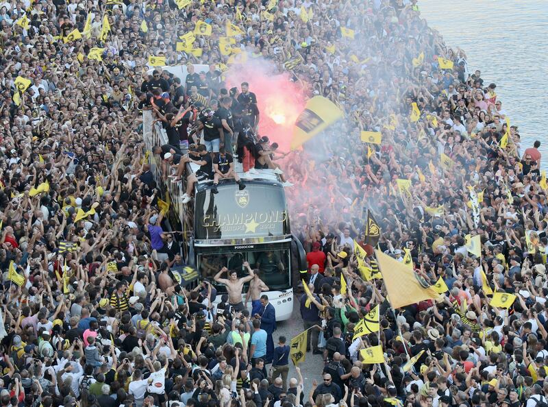 La Rochelle's players celebrate their European Champions Cup victory during a parade in La Rochelle. Their feat will be remembered in their rugby-mad community for decades to come. Photograph: Yohan Bonnet/AFP/Getty Images