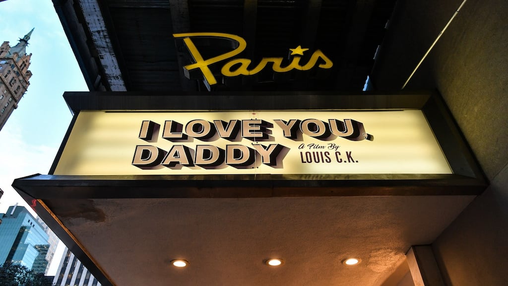 A marquee advertising the Louis CK movie ‘I Love You, Daddy’ in New York. The premiere for the movie was cancelled after Louis CK was accused of sexual misconduct by five women was reported by the New York Times. Photograph: Dia Dipasupil/Getty Images