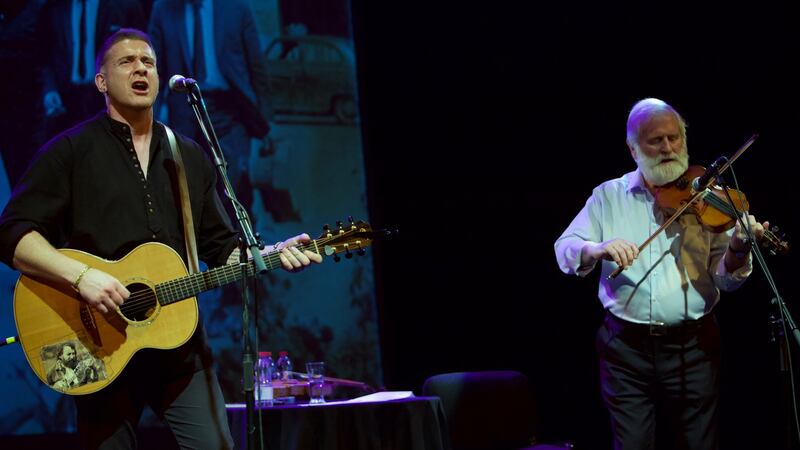 John Sheahan on stage with Damien Dempsey.