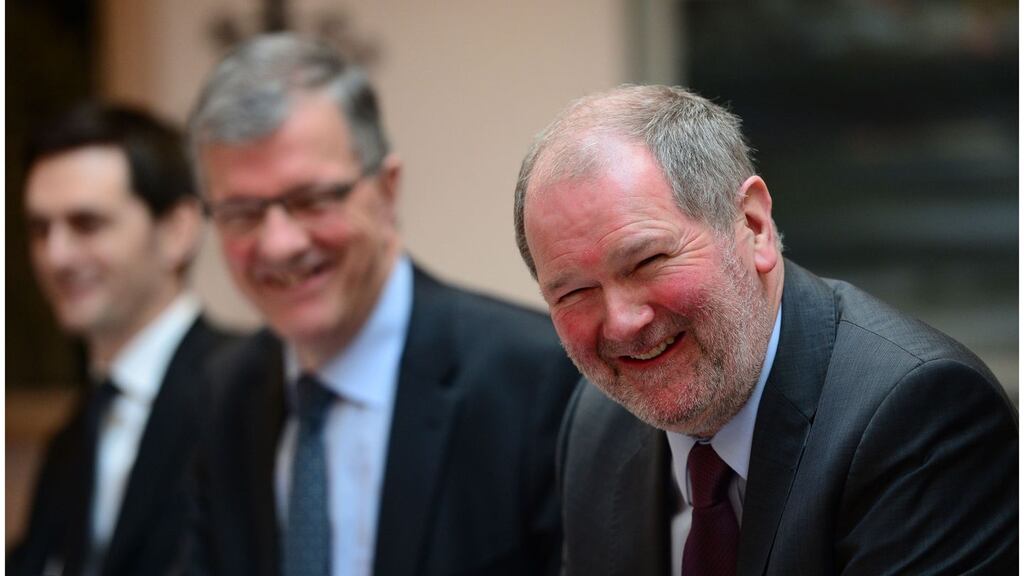 NTMA chief executive John Corrigan (right) speaks to the media at a briefing in the Treasury Building in Dublin. Photograph: Bryan O’Brien/Irish Times
