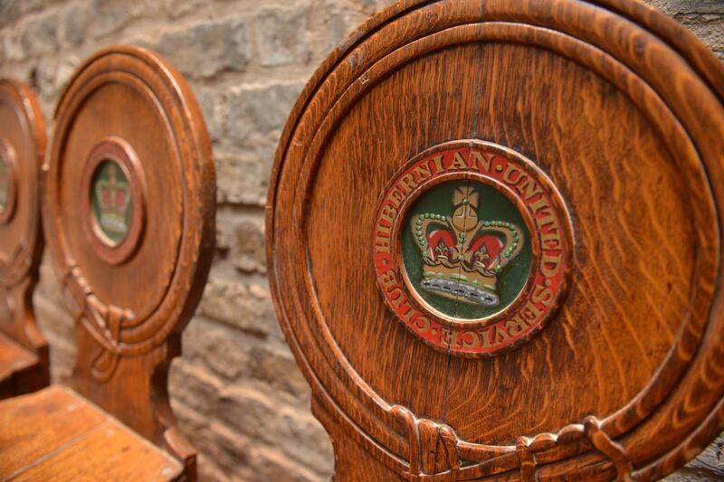 Crests on chairs at the Stephen’s Green Hibernian Club, in Dublin. Photograph: Bryan O’Brien