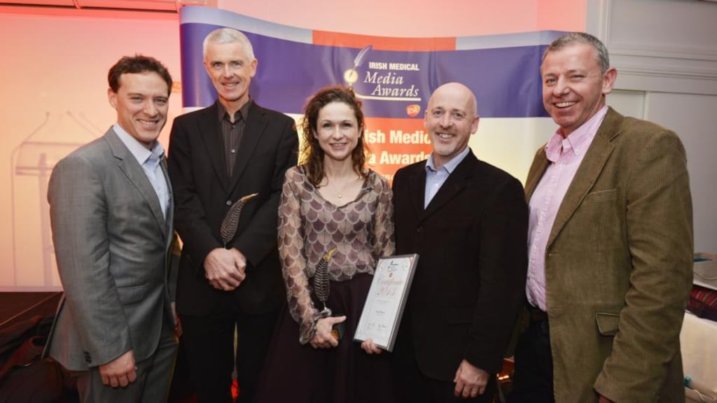 Irish Times winners in the GSK Irish Medical Media Awards 2013 from left to right Carl O’Brien Digital Media Category, Paul Cullen (& Martin Wall absent) Consumer Print Media Category, Kitty Holland Story of the Year, Bryan O’Brien and Paul Scott Digital Media Category winners. Photograph: Alan Betson/The Irish Times