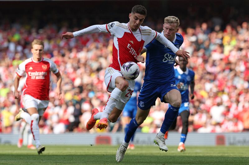 Arsenal's Kai Havertz is challenged by Everton's Jarrad Branthwaite. Photograph: Adrian Dennis/AFP via Getty Images