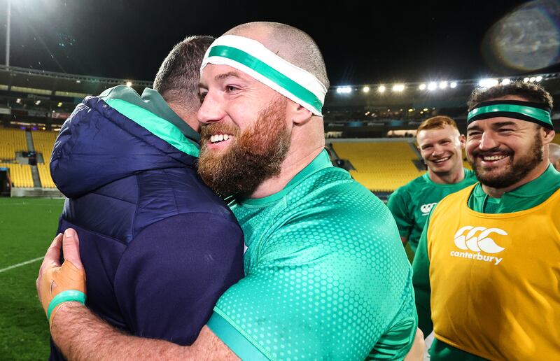 Ireland head coach Andy Farrell and Michael Bent celebrate winning. Photograph: Billy Stickland/Inpho