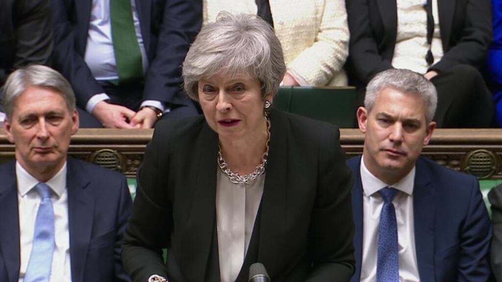 UK prime minister Theresa May addresses MPs following the results of voting on amendments put forward by MPs over the UK government’s Brexit deal, in the House of Commons, London.  Photograph: PA Wire