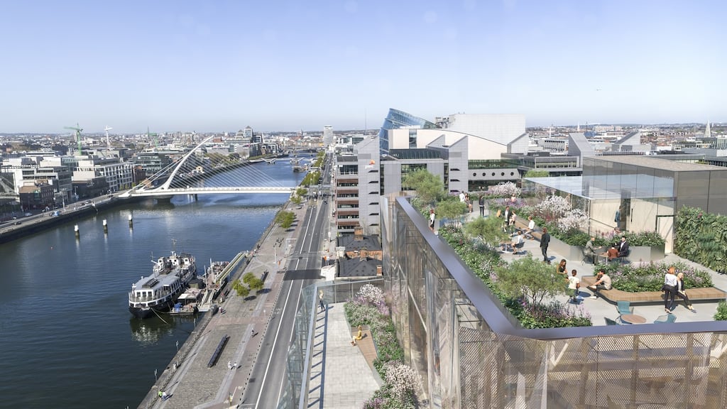 Digitally connected: A computer-generated image shows the rooftop garden at Salesforce’s new European HQ in Dublin’s north docklands.