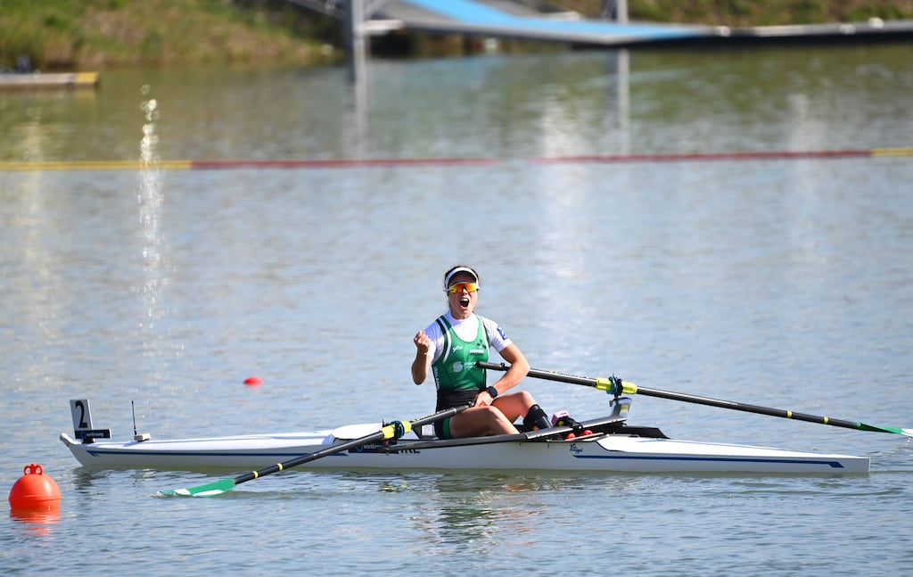 Katie O’Brien celebrates winning a gold medal in the Women's PR2 singles final at the World Rowing Championships, in Račice, Czech Republic. Photograph: Detlev Seyb/Inpho
