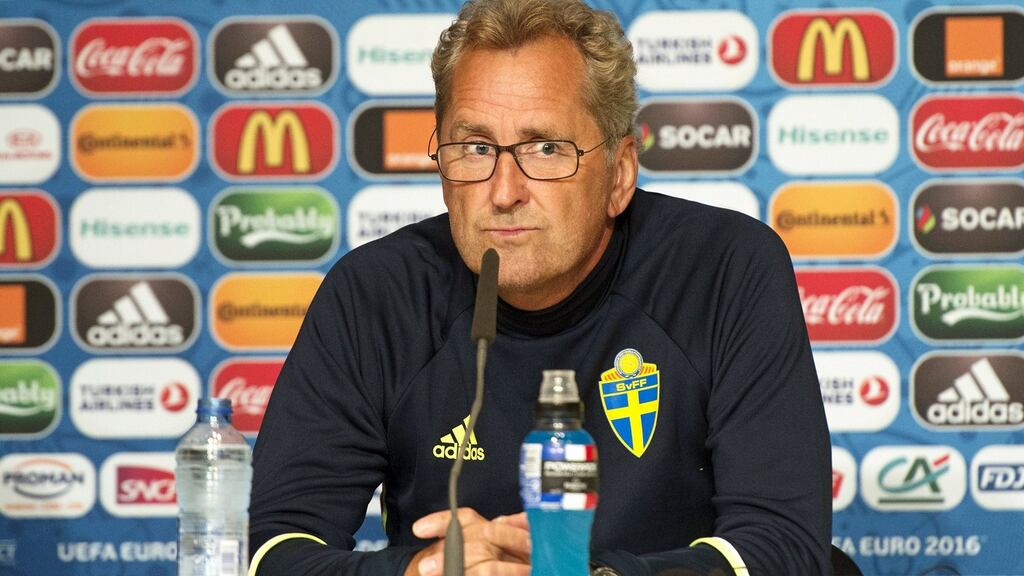 Sweden Coach Erik Hamren addresses the press in Paris. Photograph: Getty Images
