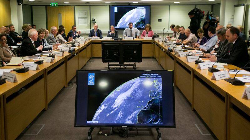 A meeting of the National Emergency Co-ordination Group  in Dublin on Tuesday in  preparation for the arrival of Storm Lorenzo. Photograph: Gareth Chaney/Collins