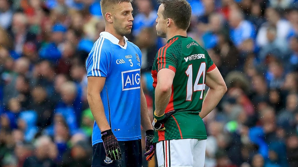Dublin’s Jonny Cooper and Mayo’s Andy Moran will most likely be renewing acquaintances in the replayed All-Ireland final. Photograph: Donall Farmer/Inpho