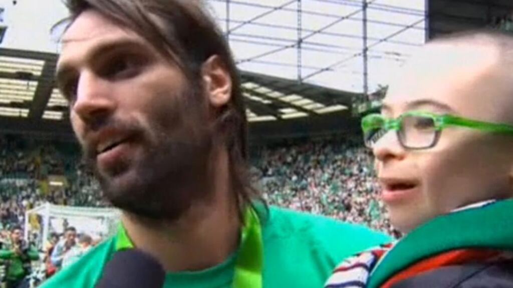 At the end of last season, Celtic striker Giorgos Samaras carried Jay Beatty around the Celtic Park pitch.
