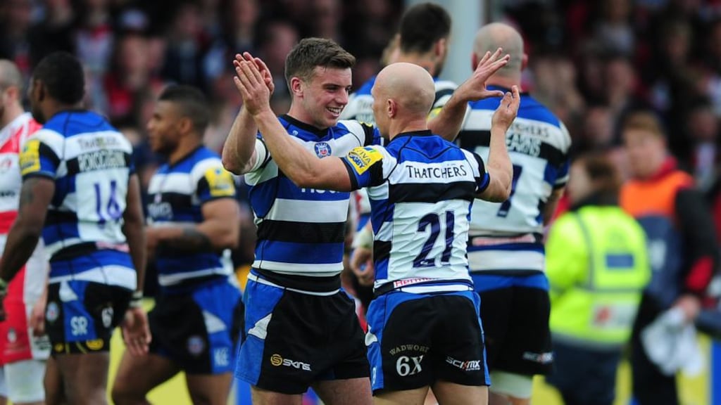 Former Ireland international Peter Stringer celebrates after a Bath win in the Premiership with team-mate George Ford, who lines out at 10 for England on Saturday. Photograph: Dan Mullan/Getty Images.