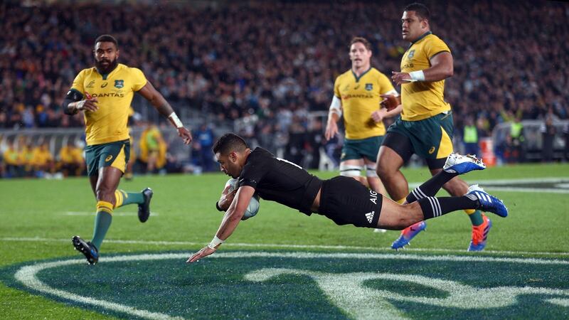 Richie Mo’unga scores the All Blacks’ opening try at Eden Park. Photograph: Renee McKay/Getty