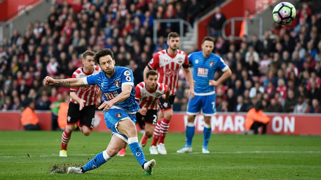 Bournemouth’s Harry Arter misses a penalty late on in their scoreless draw with Southampton. Photo: Dylan Martinez/Reuters