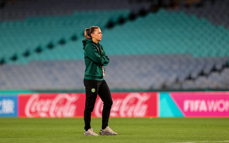 Katie McCabe surveys the pitch ahead of Thursday's match. Photograph: Ryan Byrne/Inpho