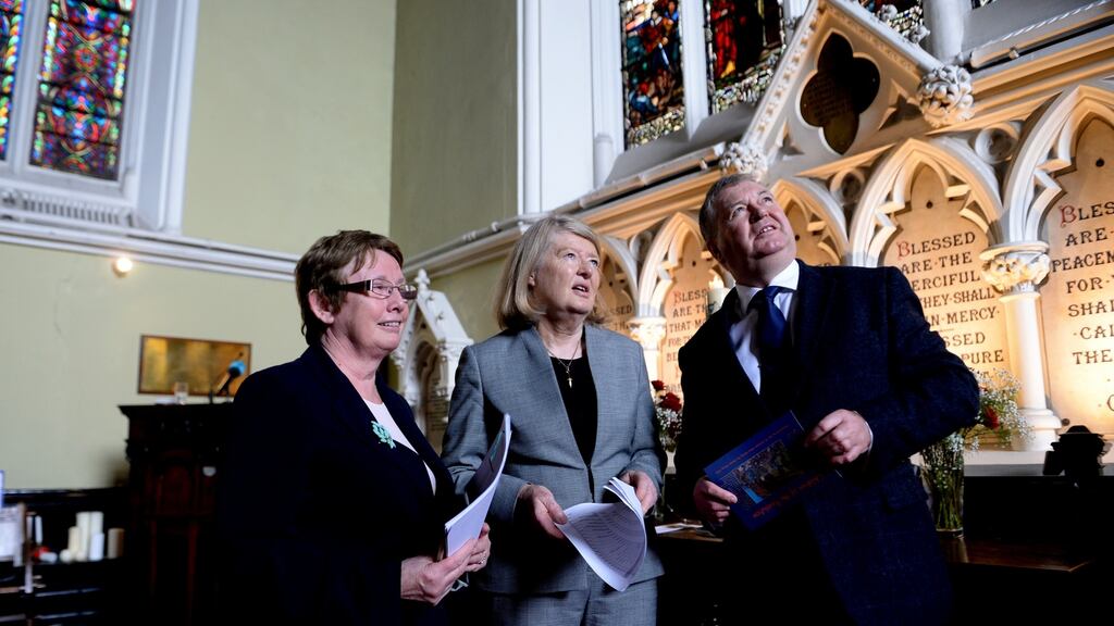 The Rev Bridget Spain, Prof Mary Daly Royal Irish Academy and broadcaster Joe Duffy at the Unitarian Church St Stephens Green where a reading of all those who died around Easter 1916 took place. Photograph: Cyril Byrne/The Irish Times