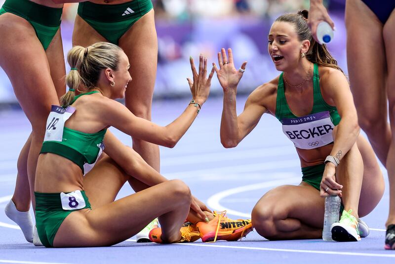 Ireland’s Sharlene Mawdsley and Sophie Becker celebrate after qualifying for the final. Photograph: Morgan Treacy/Inpho