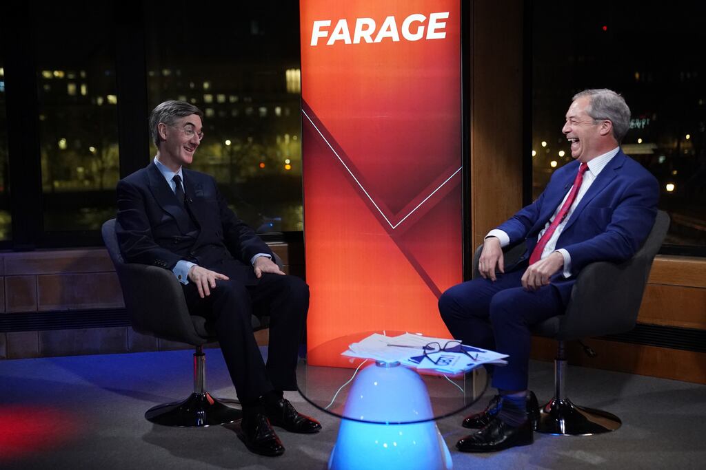 Nigel Farage on his show talking to Jacob Rees-Mogg in the studio at GB News ahead of the former minister's new show on the station. Photograph: Stefan Rousseau / PA