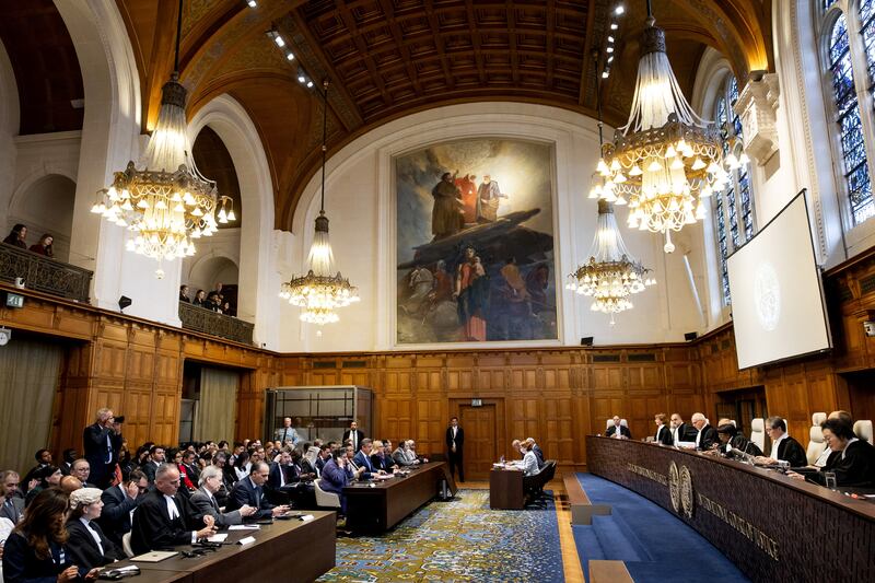 Lawyers and judges sit in the courtroom of the International Court of Justice in The Hague, the Netherlands on Wednesday. Photograph: Koen van Weel/ANP/AFP via Getty Images