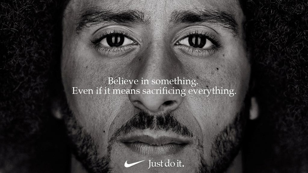 Former San Francisco quarterback Colin Kaepernick appears as a face of Nike Inc advertisement marking the 30th anniversary of its “Just Do It” slogan in this image released by Nike