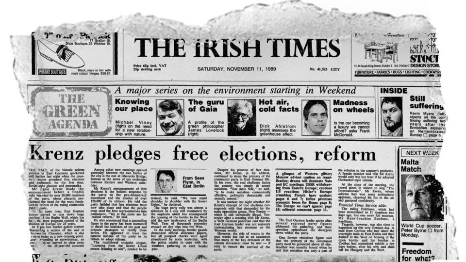 The front page of The Irish Times from November 11th, 1989 when Seán Flynn was reporting from East Berlin
