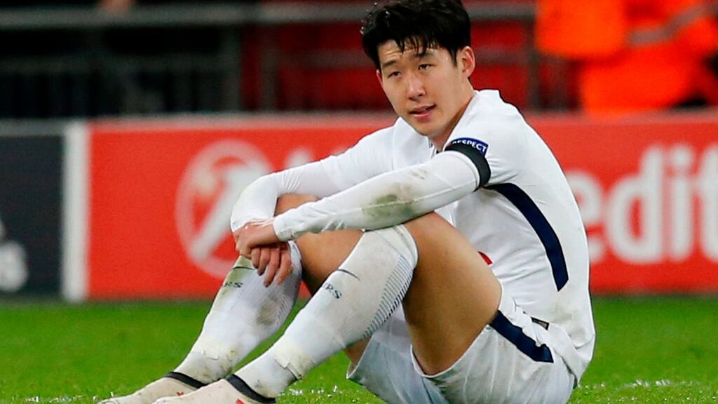 Tottenham Hotspur’s South Korean striker Son Heung-Min reacts to their defeat on the pitch after the Champions League defeat to Juventus at Wembley. Photograph: Ian Kington/AFP/Getty
