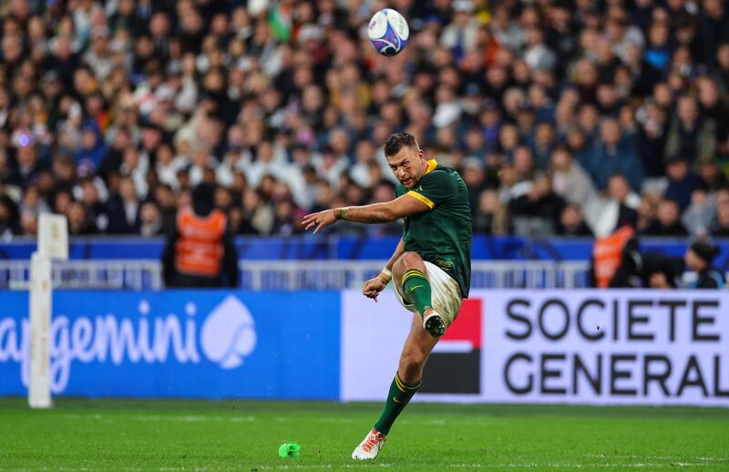 South Africa’s Handré Pollard kicks a penalty during the final. Photograph: James Crombie/Inpho