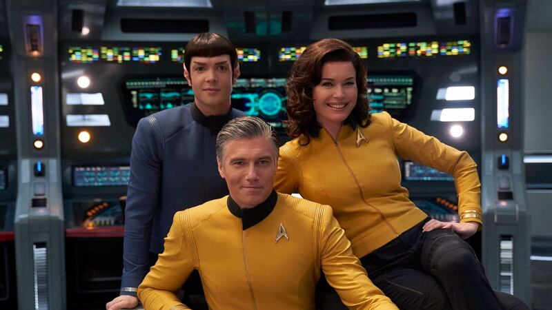 Ethan Peck as Spock, Anson Mount as Christopher Pike and Rebecca Romijn as Number One in Star Trek: Strange New Worlds. Photograph: CBS