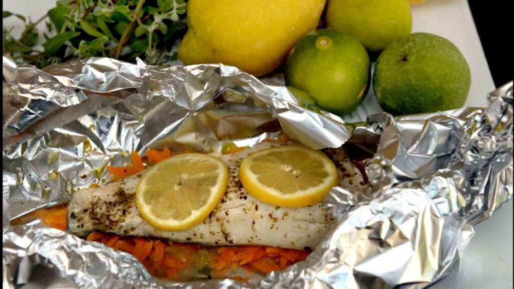 Sea bass with marjoram and lemon; and chicken escalopes with Italian bean, tomato and and basil salad. Photographs: Brenda Fitzsimons