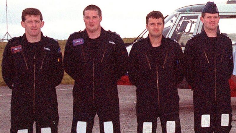 The crew of the Rescue 111 helicopter, from left, Sergeant Paddy Mooney, Corporal Niall Byrne, Captain Michael Baker and Captain Dave O’Flaherty. Photograph: Irish Air Corps