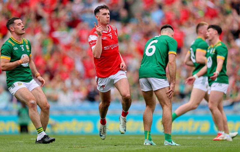 Louth’s Craig Lennon celebrates scoring his side's third goal against Meath at Croke Park on Sunday. Photograph: James Crombie/Inpho