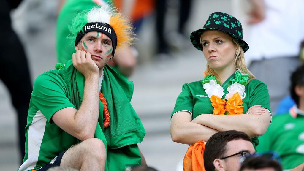 Republic of Ireland fans appear dejected after the UEFA Euro 2016, Group E match at the Stade de Bordeaux, Bordeaux. Photograph: PA
