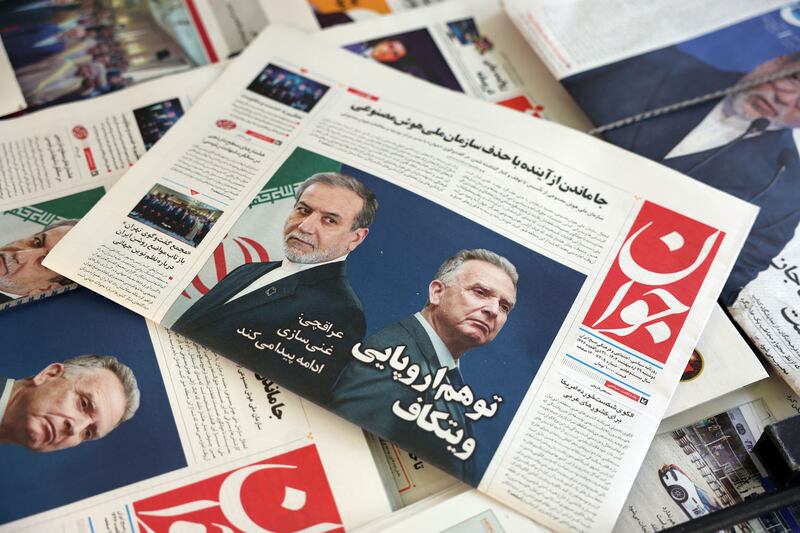 A copy of the Iranian daily newspaper Javan last week, carrying a picture of Iranian foreign minister Abbas Araghchi and US special envoy Steve Witkoff. Photograph: Abedin Taherkenareh