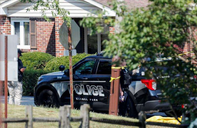 Law enforcement officials near the home of Thomas Matthew Crooks in Bethel Park, Pennsylvania. Photograph: David Maxwell/EPA-EFE