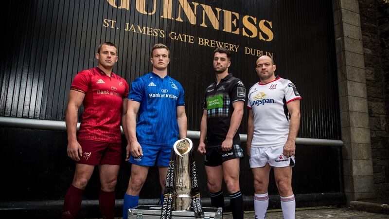 Munster’s CJ Stander, Leinster’s Josh van der Flier, Glasgow’s Adam Hastings and Ulster’s Rory Best. Photograph: Billy Stickland/Inpho