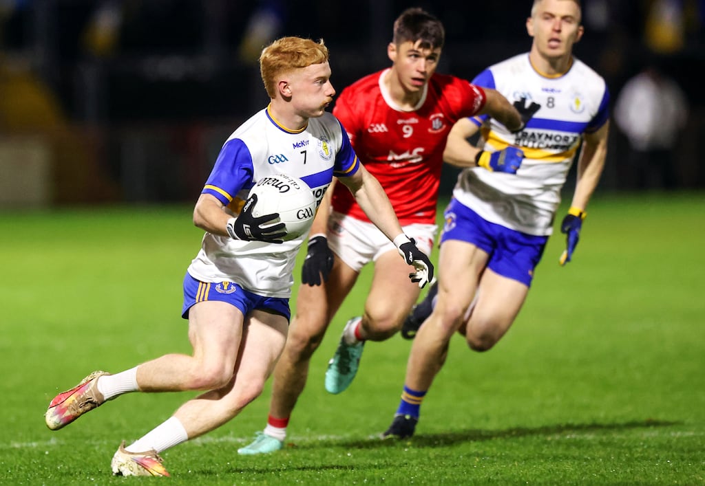 Errigal Ciaran's Tiarnan Calhoun with Trillick's Liam Gray. Photograph: John McVitty/Inpho