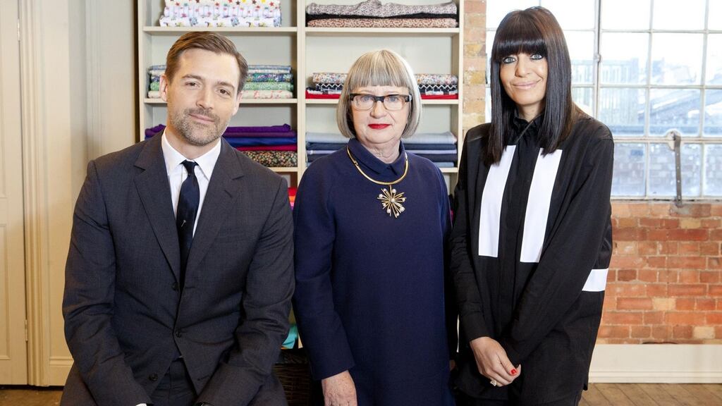 Patrick Grant, Esme Young and Claudia Winkelman from the BBC series The Great British Sewing Bee