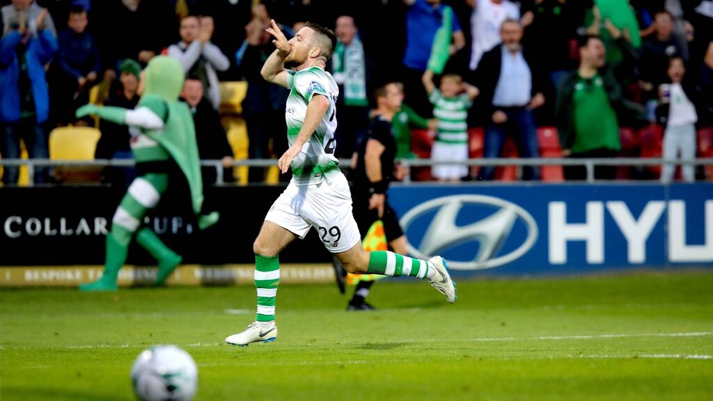 Shamrock Rovers’ Jack Byrne celebrates scoring their first goal. Photograph: Ryan Byrne/Inpho