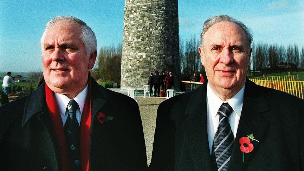The late former Fine Gael TD Paddy Harte (right) pictured with the late former Ulster Defence Association (UDA) leader Glen Barr at the Island of Ireland Peace in Mesen, Flanders. Photograph: Frank Miller.