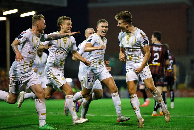 Shelbourne's Matthew Smith celebrates scoring a goal with teammates. Photograph: Andrew Conan/Inpho
