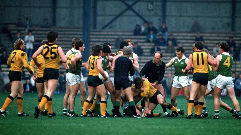 A fight breaks out between Ireland and Australia players in the 1987 International Rules Series. Photograph: Billy Stickland/Inpho