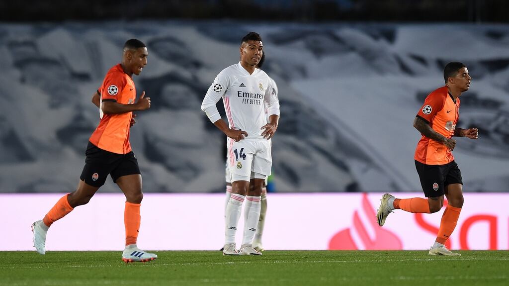 Casemiro of Real Madrid reacts as Shakhtar Donetsk players celebrate their side’s second goal during the Uefa Champions League Group B match at Estadio Alfredo Di Stefano. Photo: Denis Doyle/Getty Images