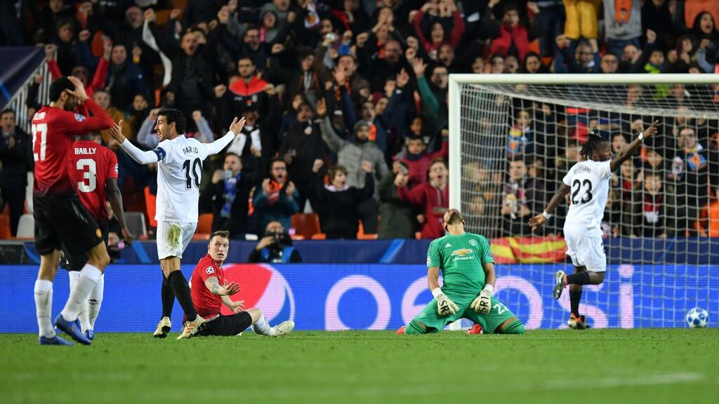 Phil Jones of Manchester United reacts after he scores an own goal during the Champions League Group H match against Valencia at Estadio Mestalla. Photograph: Dan Mullan/Getty Images