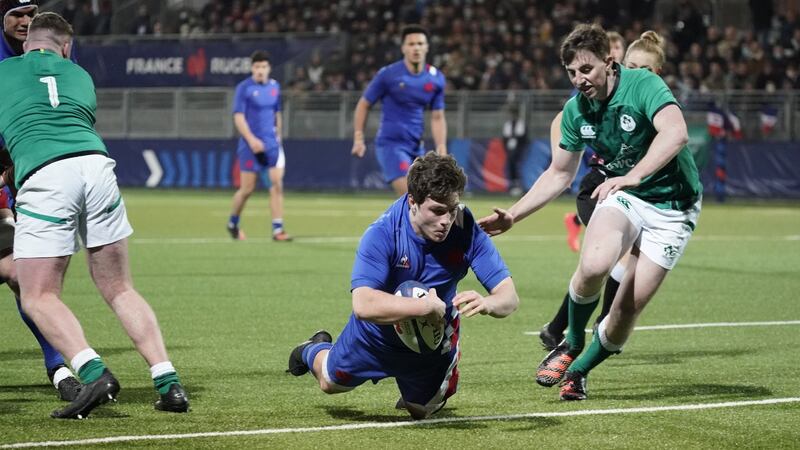 Victor Montgaillard of France scores their first try. Photograph: Dave Winter/Inpho